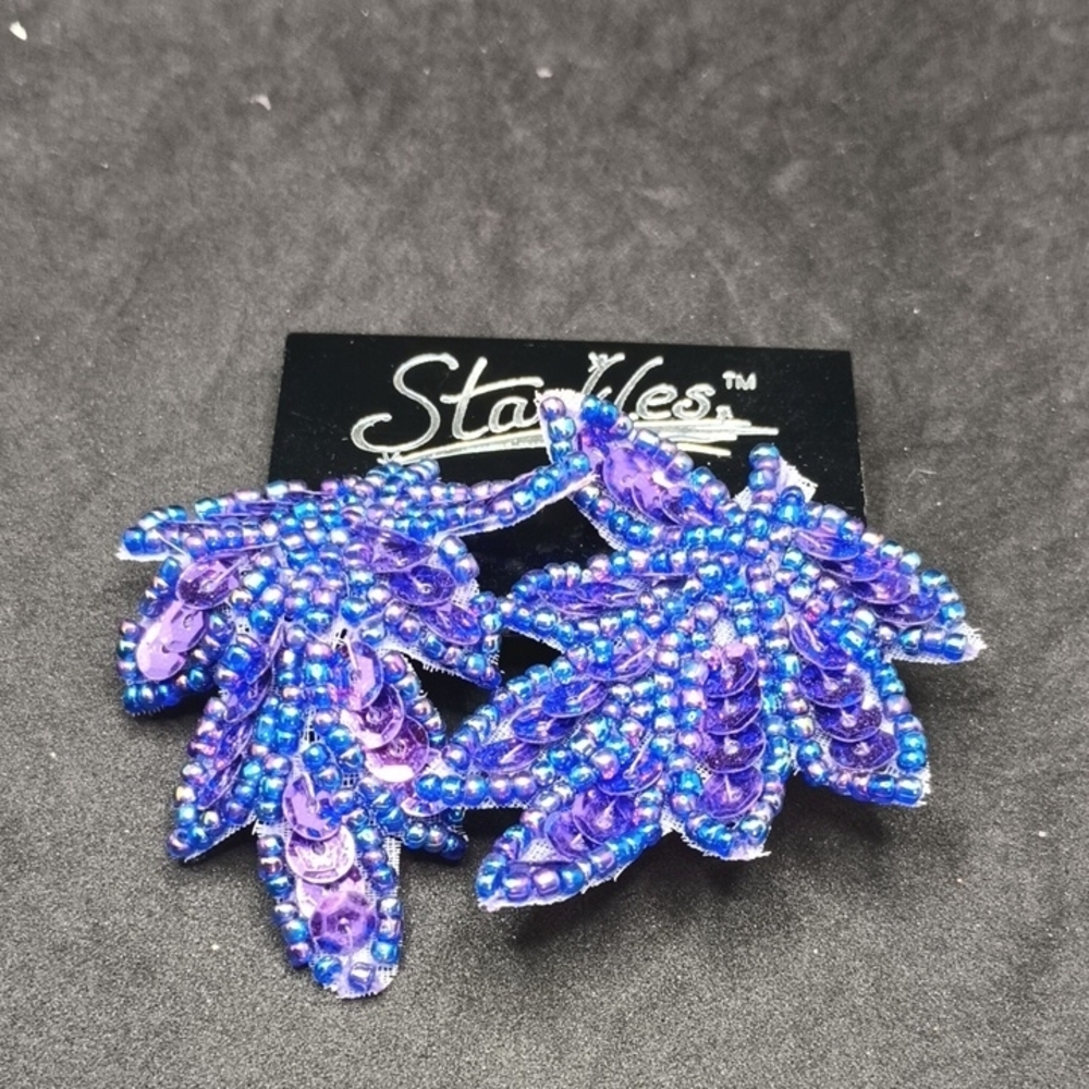 Purple Beaded Leaf Earrings